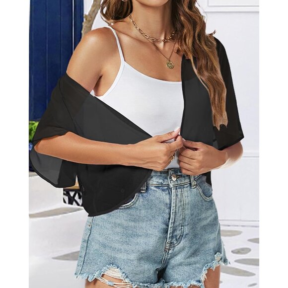 Women Shrug Chiffon Cardigans Open Front Short Sleeve Bolero for Evening Dressy - Picture 5 of 6